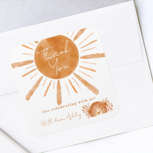 Boho sun rainbow orange baby shower thank you square sticker