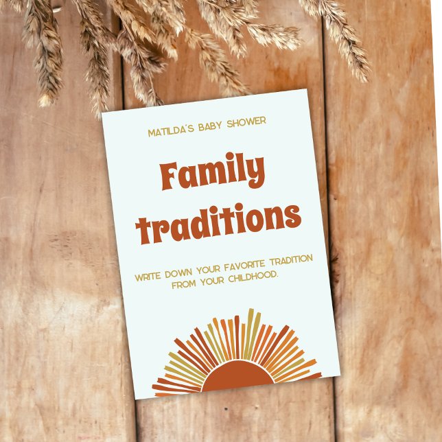 Boho Sun Retro Family Tradition Baby Shower Game Card (family traditions baby shower activity boho sunshine baby shower retro burned yellow orange brown)