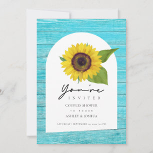 Boho Sunflower Arched Teal Wood Couples Shower Invitation