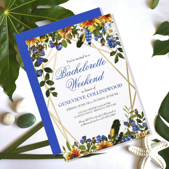 Boho Sunflower Blue Bachelorette Weekend Itinerary Invitation (PRETTY BOHO SUNFLOWER FEATHER BACHELORETTE WEEKEND PARTY INVITATION
)