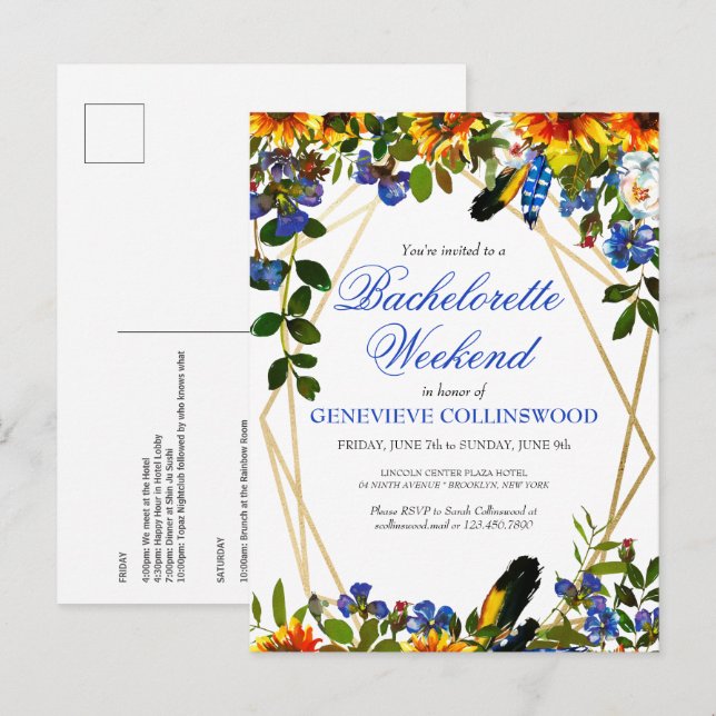 Boho Sunflower Blue Bachelorette Weekend Itinerary Invitation Postcard (Front/Back)