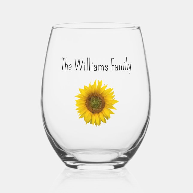 Boho Sunflower Botanical Summer Family Name Stemless Wine Glass (Front)