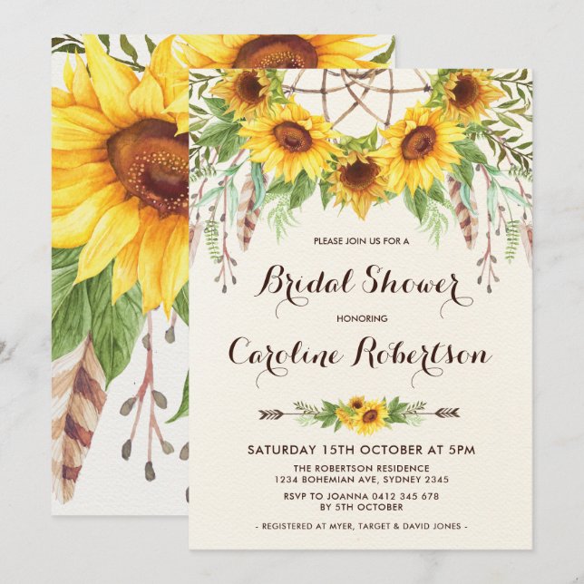 Boho Sunflower Bridal Shower Invitation Feathers (Front/Back)