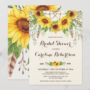 Boho Sunflower Bridal Shower Invitation Feathers