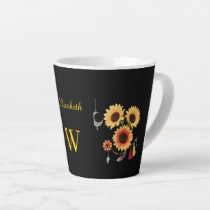 Boho Sunflower Custom Name Floral Gift Black Latte Mug