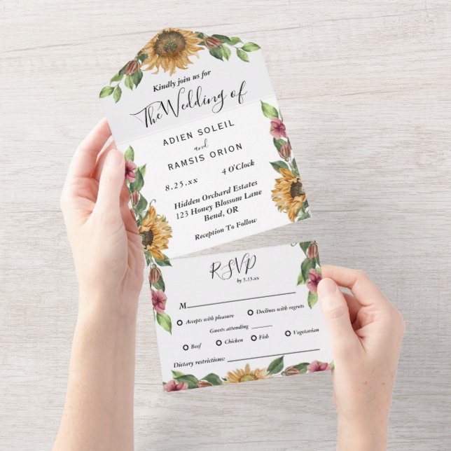 Boho Sunflower Dietary Restrictions RSVP Wedding All In One Invitation (Tearaway)