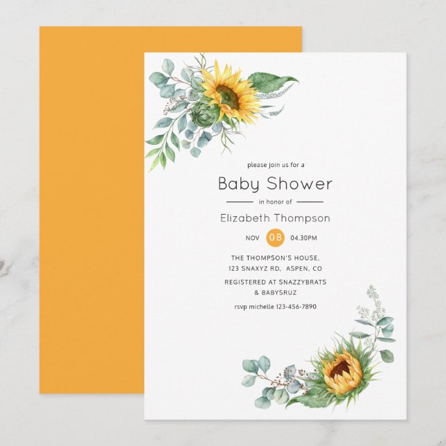 Boho Sunflower Eucalyptus Baby Shower Invitation (Front/Back)