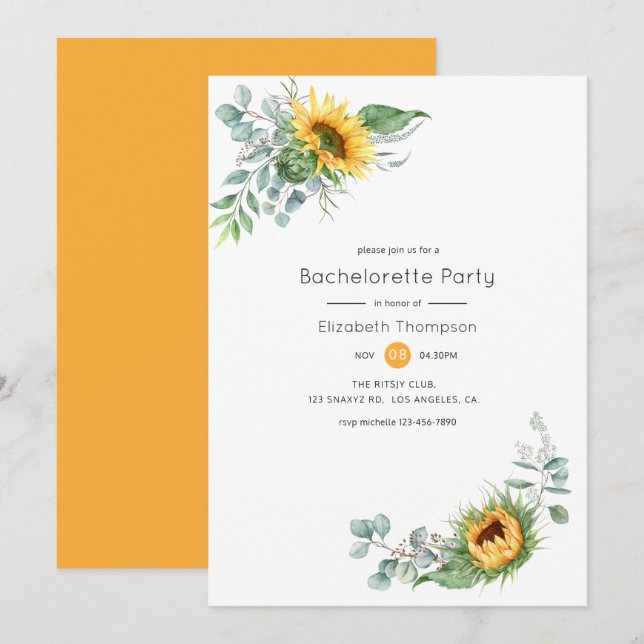 Boho Sunflower Eucalyptus Bachelorette Party Invitation (Front/Back)