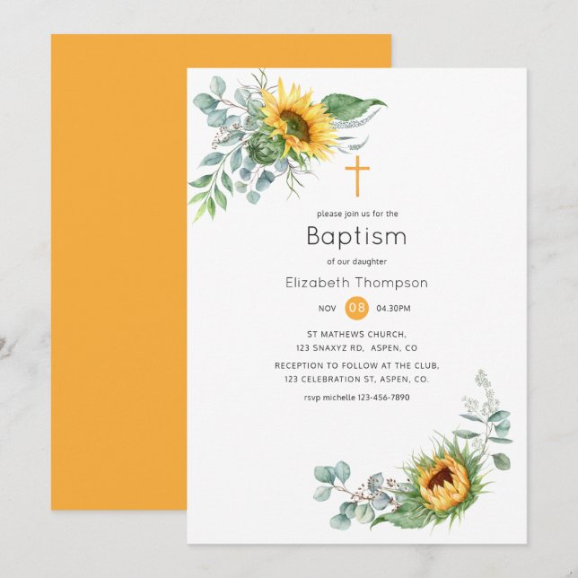 Boho Sunflower Eucalyptus Baptism Invitation (Front/Back)