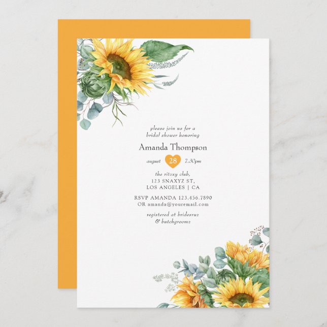 Boho Sunflower Eucalyptus Bridal Shower Invitation (Front/Back)