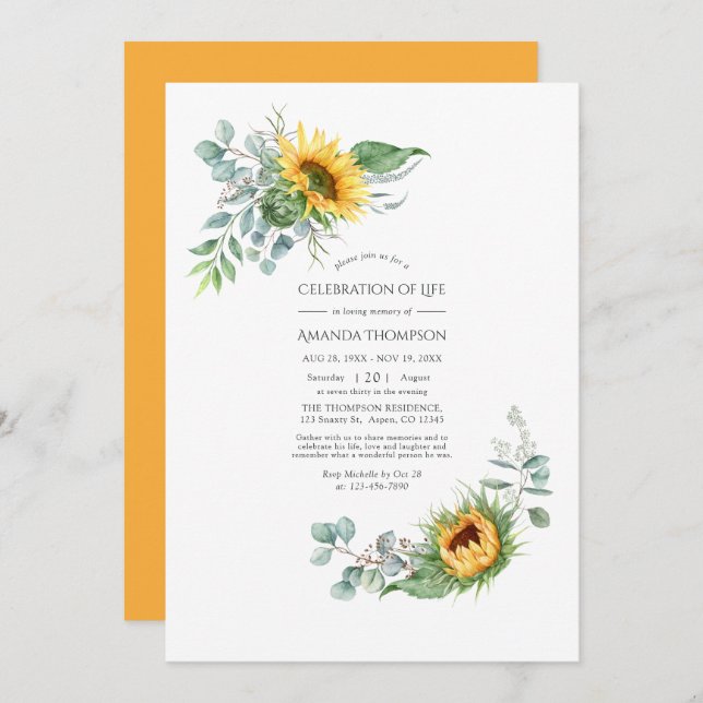 Boho Sunflower Eucalyptus Celebration of Life Invi Invitation (Front/Back)