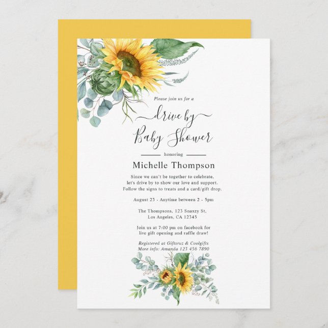 Boho Sunflower Eucalyptus Drive By Shower Invitation (Front/Back)