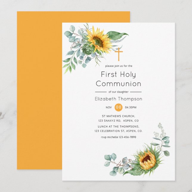 Boho Sunflower Eucalyptus Holy Communion Invitation (Front/Back)