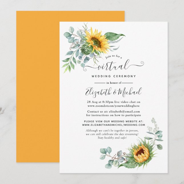 Boho Sunflower Eucalyptus Online Virtual Wedding Invitation (Front/Back)