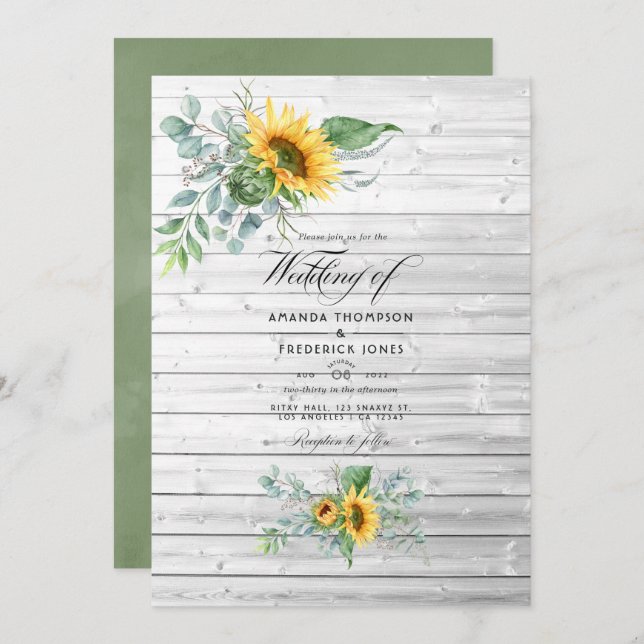 Boho Sunflower Eucalyptus Rustic Country Wedding Invitation (Front/Back)