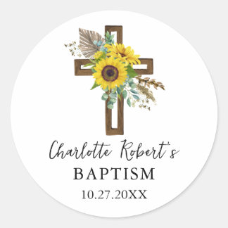 Boho Sunflower & Eucalyptus Rustic Cross Baptism Classic Round Sticker