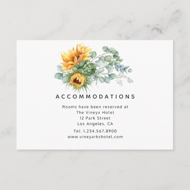Boho Sunflower Eucalyptus Wedding Accommodations Enclosure Card (Front)