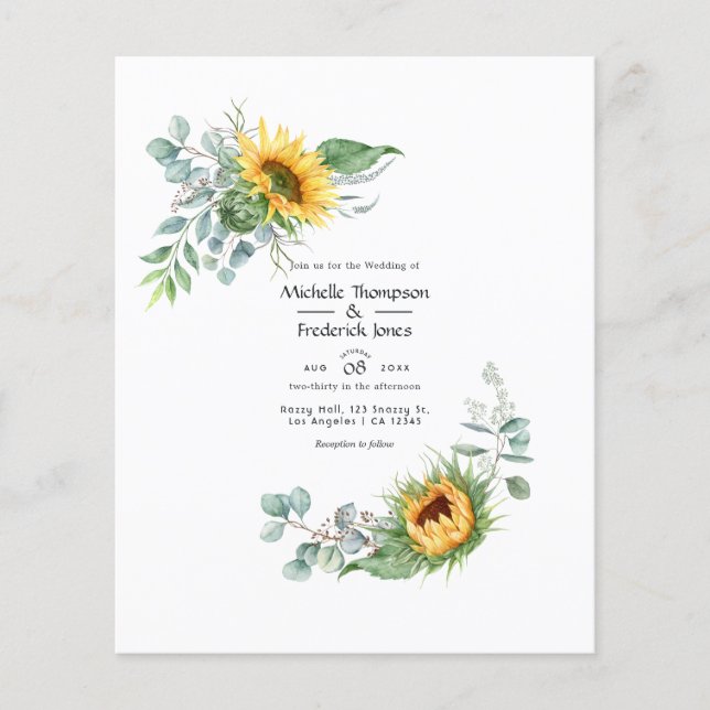 Boho Sunflower Eucalyptus Wedding Invitation Flyer (Front)
