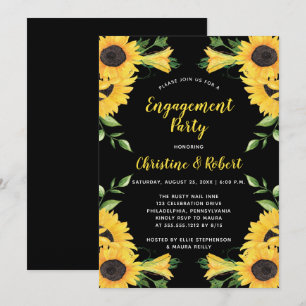 Boho Sunflower Floral   Black Engagement Party  Invitation