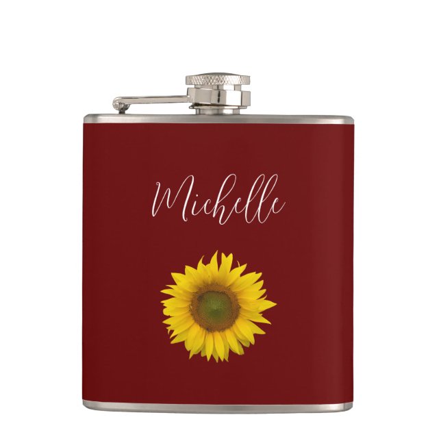 Boho Sunflower Floral Botanical Red Hip Flask (Front)