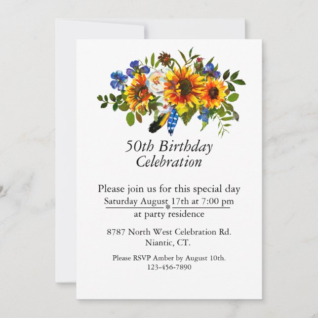 Boho Sunflower Floral Customisable 50th Birthday Invitation (Front)