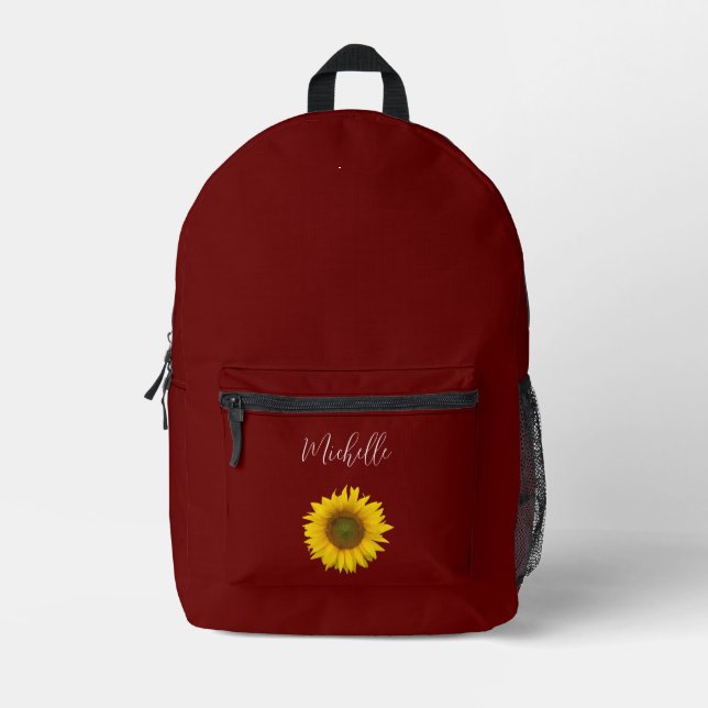 Boho Sunflower Floral Red Personalised  Printed Backpack (Front)
