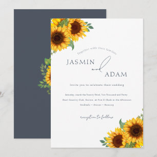 Boho Sunflower Floral Slate Blue Wedding Invitation
