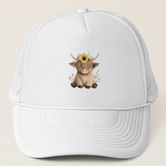 Boho Sunflower Highland Cow Trucker Hat (Front)