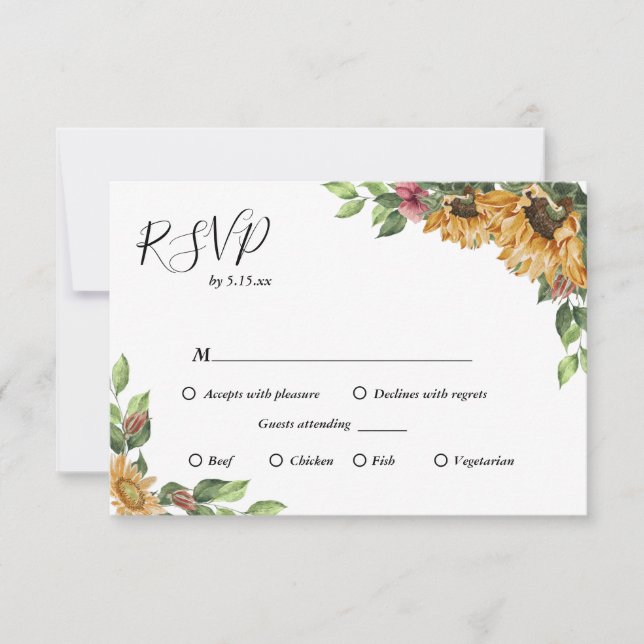 Boho Sunflower Menu Choice Wedding RSVP Card (Front)