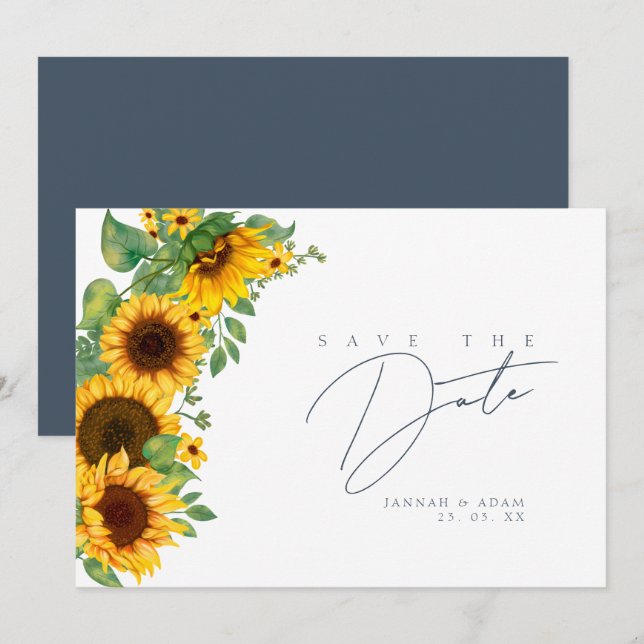 Boho Sunflower Monogram Slate Blue Wedding Save The Date (Front/Back)