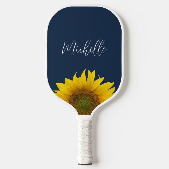 Boho Sunflower Navy Blue Elegant Personalised Pickleball Paddle (Front)