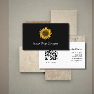 Boho Sunflower QR code Interior Designer Black  Business Card