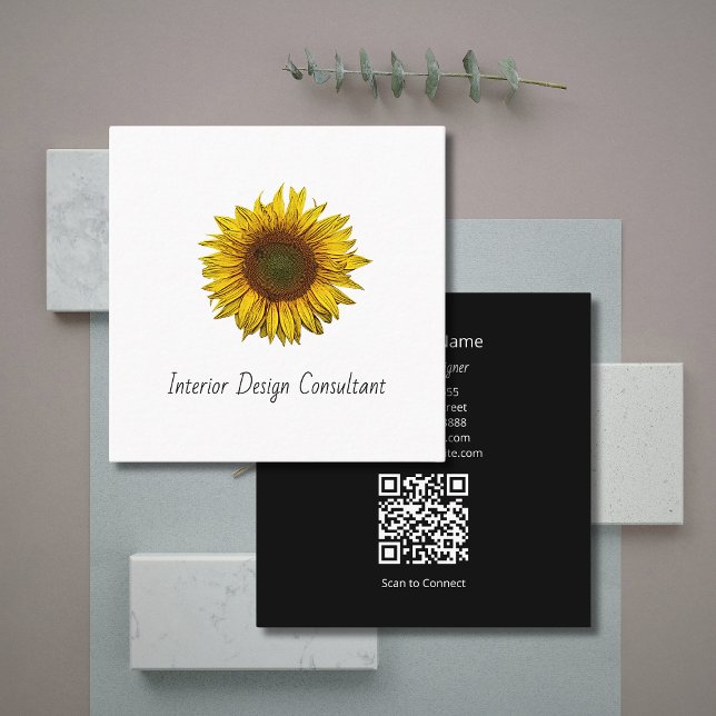 Boho Sunflower QR code Interior Designer  Square Business Card (Creator Uploaded)