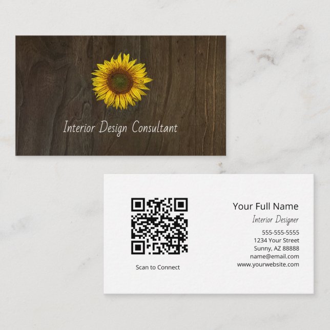 Boho Sunflower QR code Rustic Barn Wood Business Card (Front/Back)