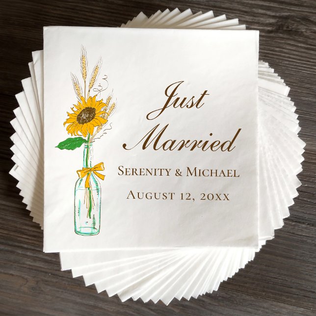 Boho Sunflower Rustic Floral Just Married Wedding Napkin (Creator Uploaded)