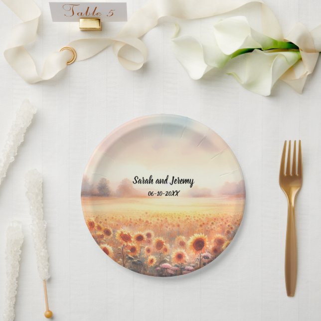 Boho Sunflower Rustic Watercolor Country Wedding Paper Plate (Wedding)