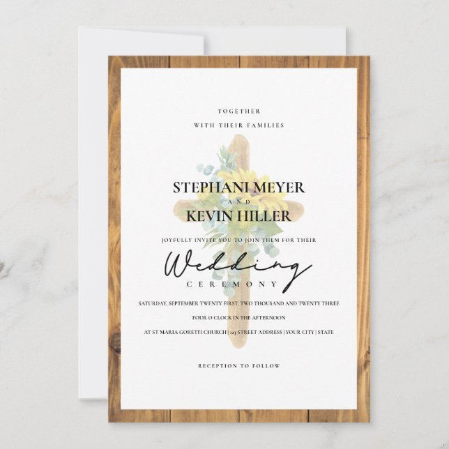 Boho Sunflower Rustic Wooden Cross Wedding Invitation (Front)