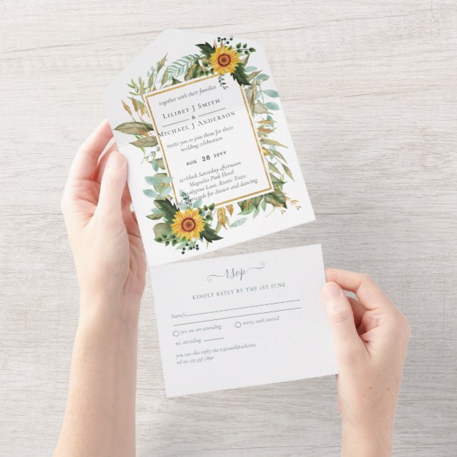 Boho Sunflower Sage Greenery Wedding All In One Invitation (Tearaway)