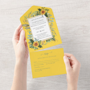 Boho Sunflower Sage Greenery Wedding All In One Invitation