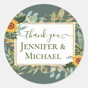 Boho Sunflower Sage Greenery Wedding Classic Round Sticker