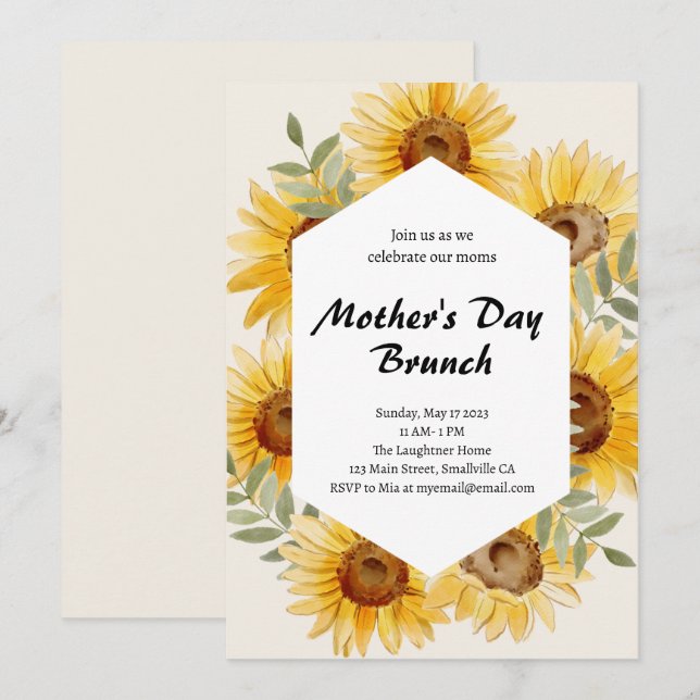 Boho Sunflower Watercolor Mother's Day Brunch  Invitation (Front/Back)