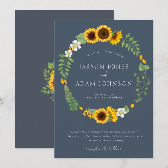 Boho Sunflower Wreath Slate Blue Wedding Invitation (Front/Back)