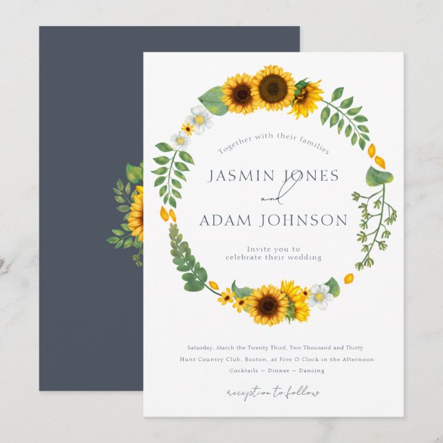 Boho Sunflower Wreath Slate Blue Wedding Invitation (Front/Back)