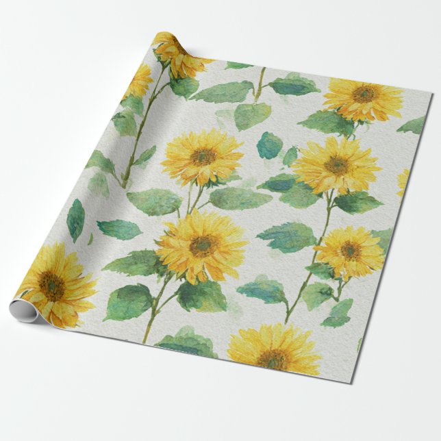 Boho Sunflower Yellow Floral Pattern Spring Summer Wrapping Paper (Unrolled)