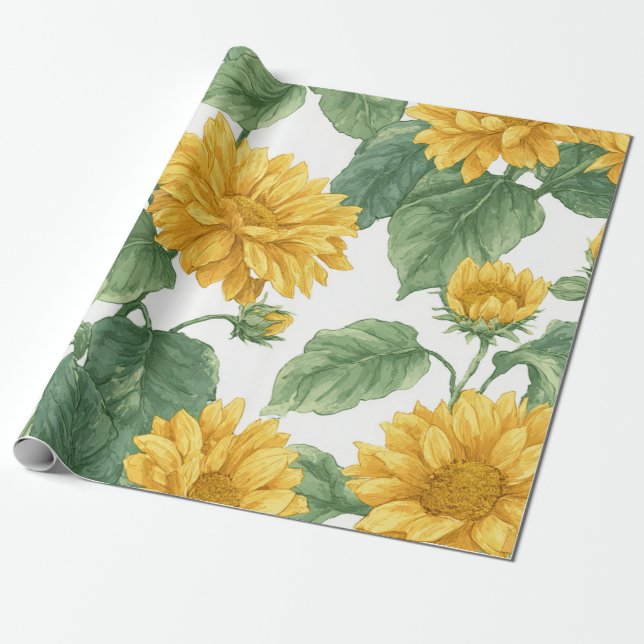 Boho Sunflower Yellow Floral Pattern Spring Summer Wrapping Paper (Unrolled)
