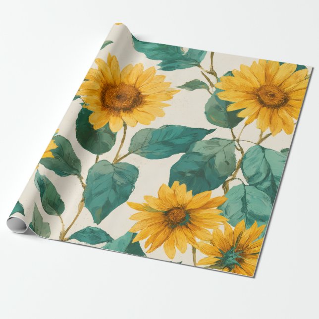 Boho Sunflower Yellow Floral Pattern Spring Summer Wrapping Paper (Unrolled)