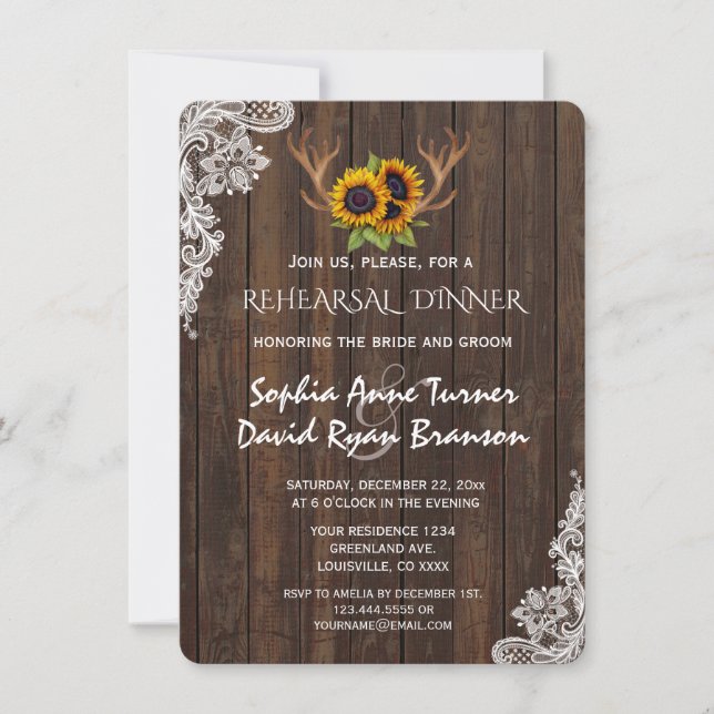 Boho Sunflowers Antlers Wood Lace Rehearsal Dinner Invitation (Front)