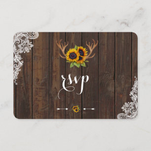Boho Sunflowers Antlers Wood Lace RSVP Invite