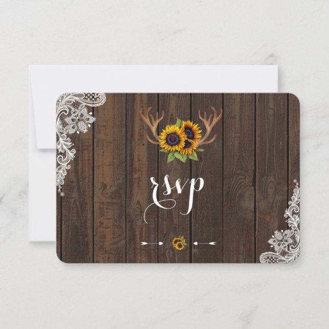 Boho Sunflowers Antlers Wood Lace RSVP Invite (Front)