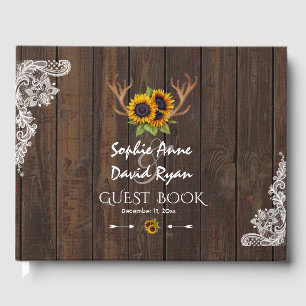 Boho Sunflowers Antlers Wood Lace Wedding Guest Book